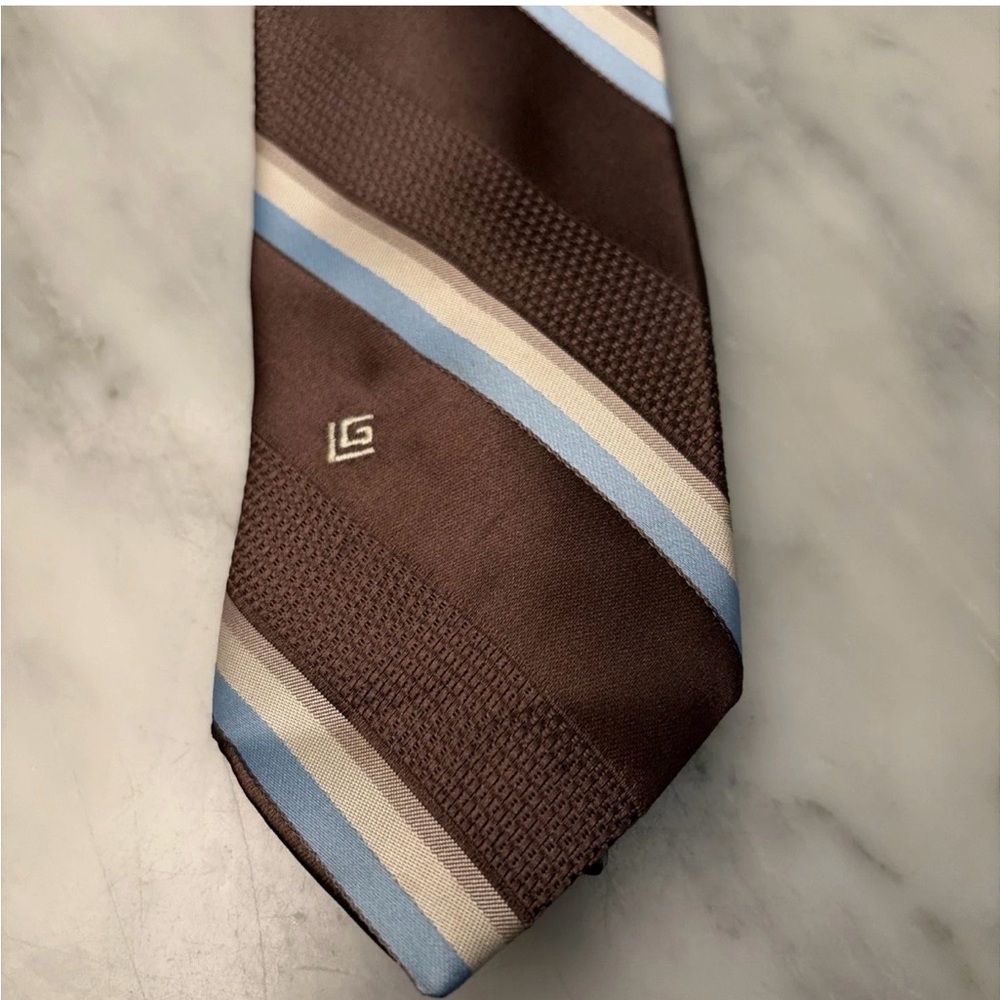 Guy Laroche Brown Tie with Light Blue and Cream Stripes